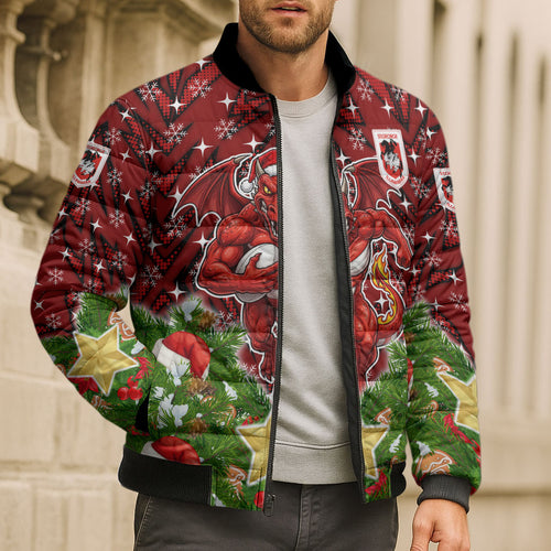Personalised Dragons Rugby Christmas Bomber Puffer Jacket Santa Rugby Mascot - Pine Wreath Festive