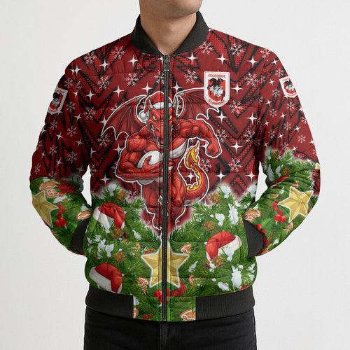 Personalised Dragons Rugby Christmas Bomber Puffer Jacket Santa Rugby Mascot - Pine Wreath Festive