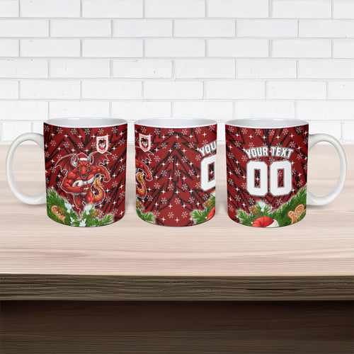 Personalised Dragons Rugby Christmas Ceramic Mug Santa Rugby Mascot - Pine Wreath Festive