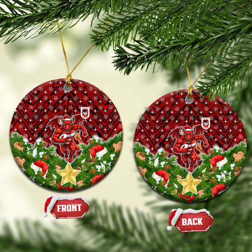 Dragons Rugby Christmas Ceramic Ornament Santa Rugby Mascot - Pine Wreath Festive