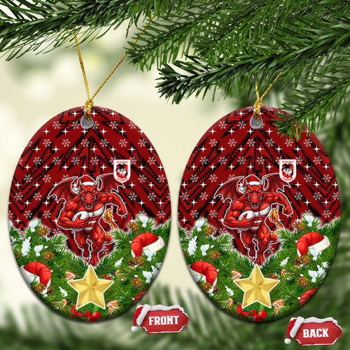 Dragons Rugby Christmas Ceramic Ornament Santa Rugby Mascot - Pine Wreath Festive