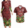 Personalised Dragons Rugby Christmas Couples Matching Long Sleeve Bodycon Dress and Hawaiian Shirt Santa Rugby Mascot - Pine Wreath Festive