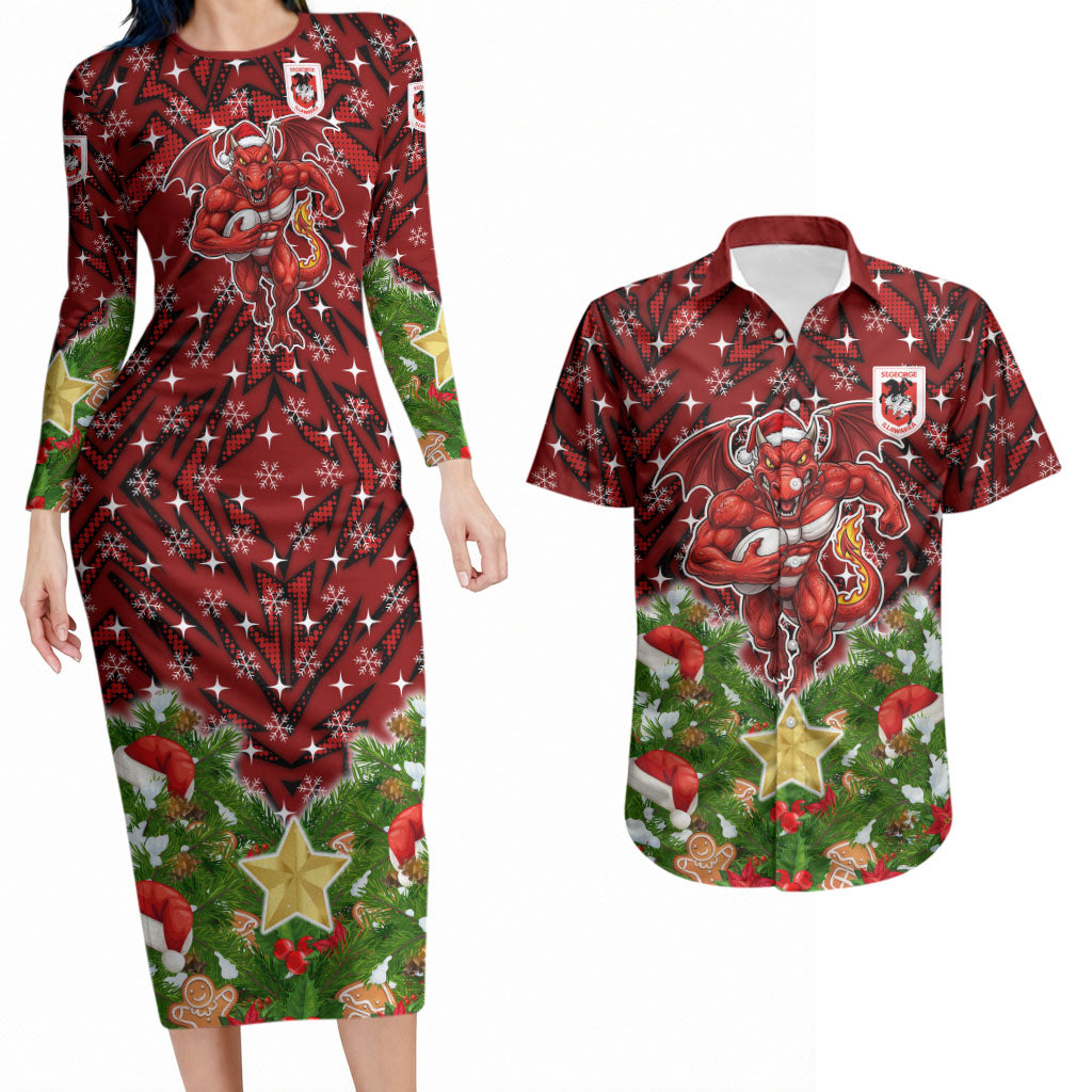 Personalised Dragons Rugby Christmas Couples Matching Long Sleeve Bodycon Dress and Hawaiian Shirt Santa Rugby Mascot - Pine Wreath Festive
