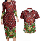 Personalised Dragons Rugby Christmas Couples Matching Long Sleeve Bodycon Dress and Hawaiian Shirt Santa Rugby Mascot - Pine Wreath Festive