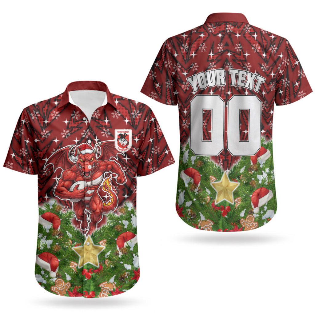 Personalised Dragons Rugby Christmas Couples Matching Long Sleeve Bodycon Dress and Hawaiian Shirt Santa Rugby Mascot - Pine Wreath Festive