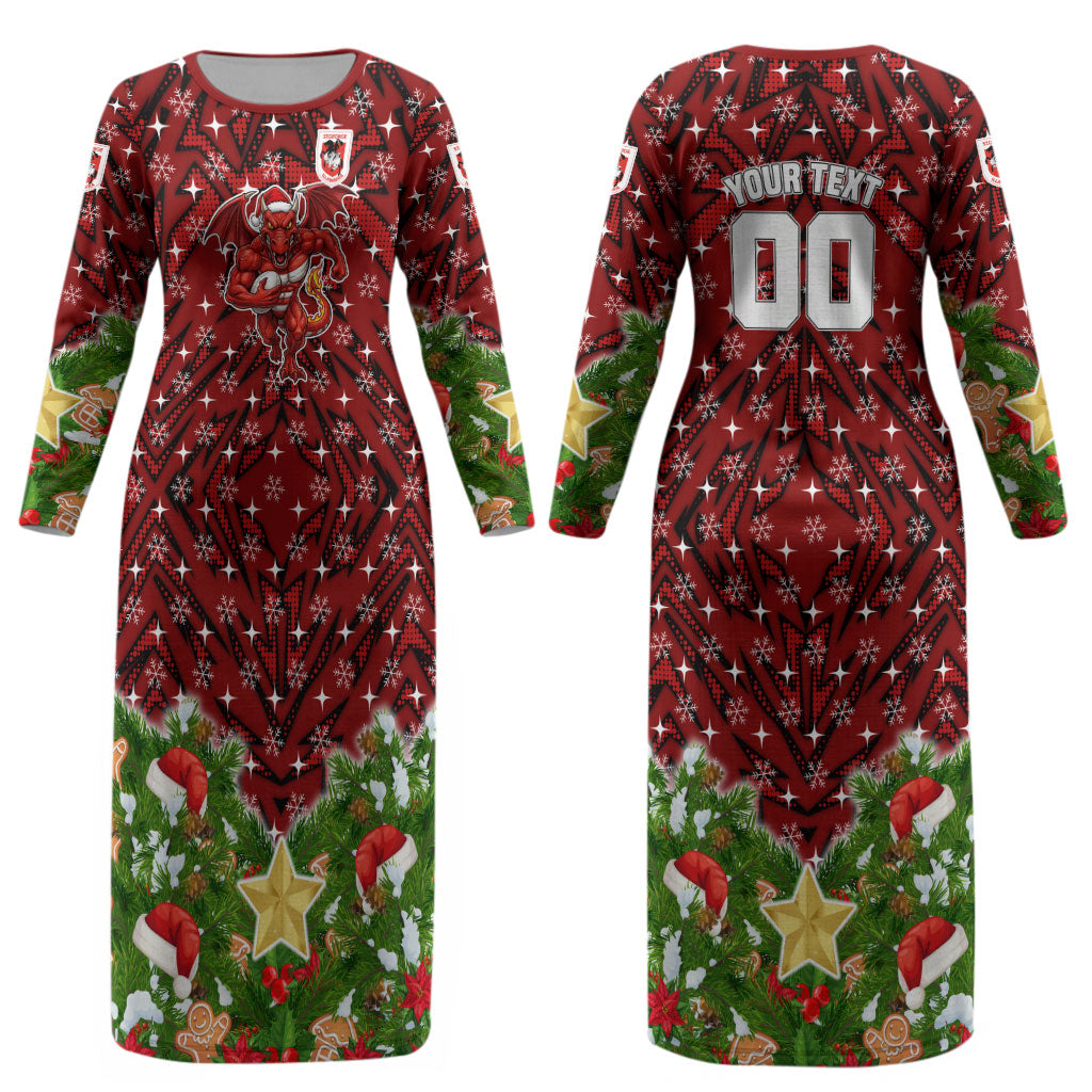 Personalised Dragons Rugby Christmas Couples Matching Long Sleeve Bodycon Dress and Hawaiian Shirt Santa Rugby Mascot - Pine Wreath Festive
