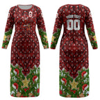 Personalised Dragons Rugby Christmas Couples Matching Long Sleeve Bodycon Dress and Hawaiian Shirt Santa Rugby Mascot - Pine Wreath Festive