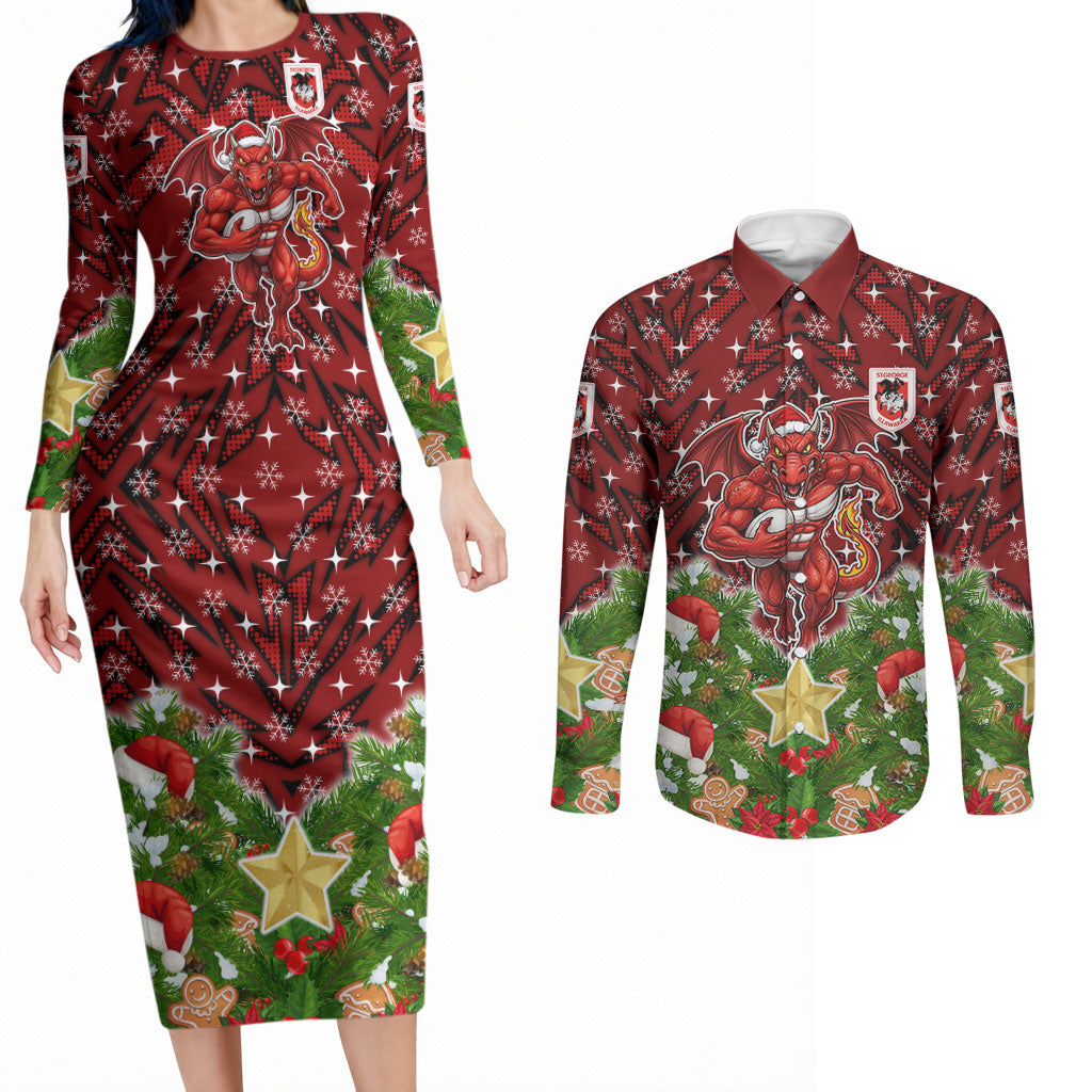Personalised Dragons Rugby Christmas Couples Matching Long Sleeve Bodycon Dress and Long Sleeve Button Shirt Santa Rugby Mascot - Pine Wreath Festive