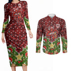 Personalised Dragons Rugby Christmas Couples Matching Long Sleeve Bodycon Dress and Long Sleeve Button Shirt Santa Rugby Mascot - Pine Wreath Festive
