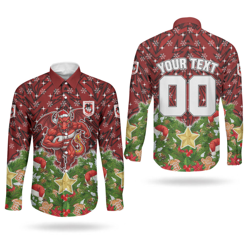 Personalised Dragons Rugby Christmas Couples Matching Long Sleeve Bodycon Dress and Long Sleeve Button Shirt Santa Rugby Mascot - Pine Wreath Festive