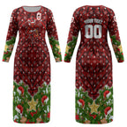 Personalised Dragons Rugby Christmas Couples Matching Long Sleeve Bodycon Dress and Long Sleeve Button Shirt Santa Rugby Mascot - Pine Wreath Festive