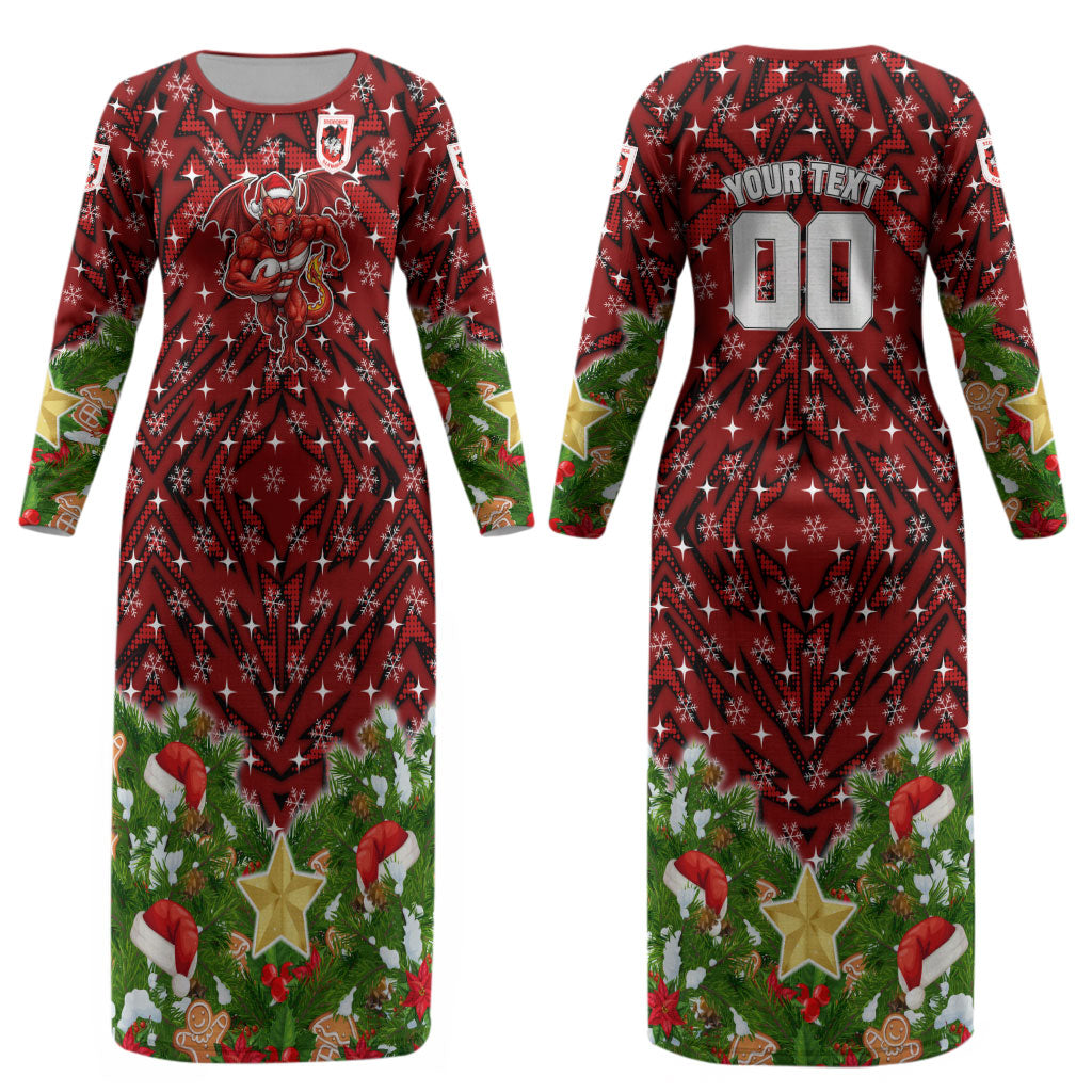 Personalised Dragons Rugby Christmas Couples Matching Long Sleeve Bodycon Dress and Long Sleeve Button Shirt Santa Rugby Mascot - Pine Wreath Festive