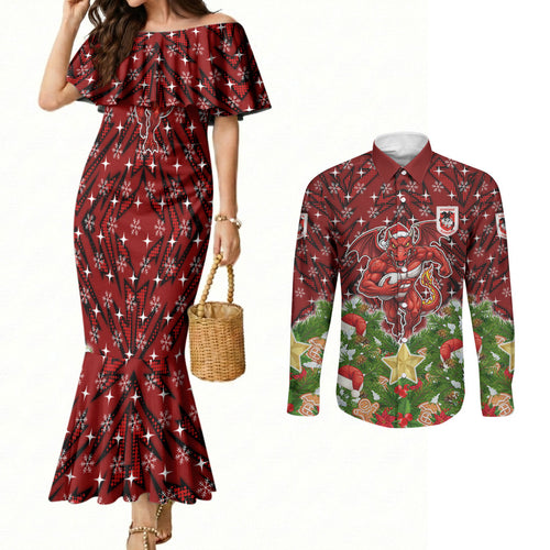 Personalised Dragons Rugby Christmas Couples Matching Mermaid Dress and Long Sleeve Button Shirt Santa Rugby Mascot - Pine Wreath Festive