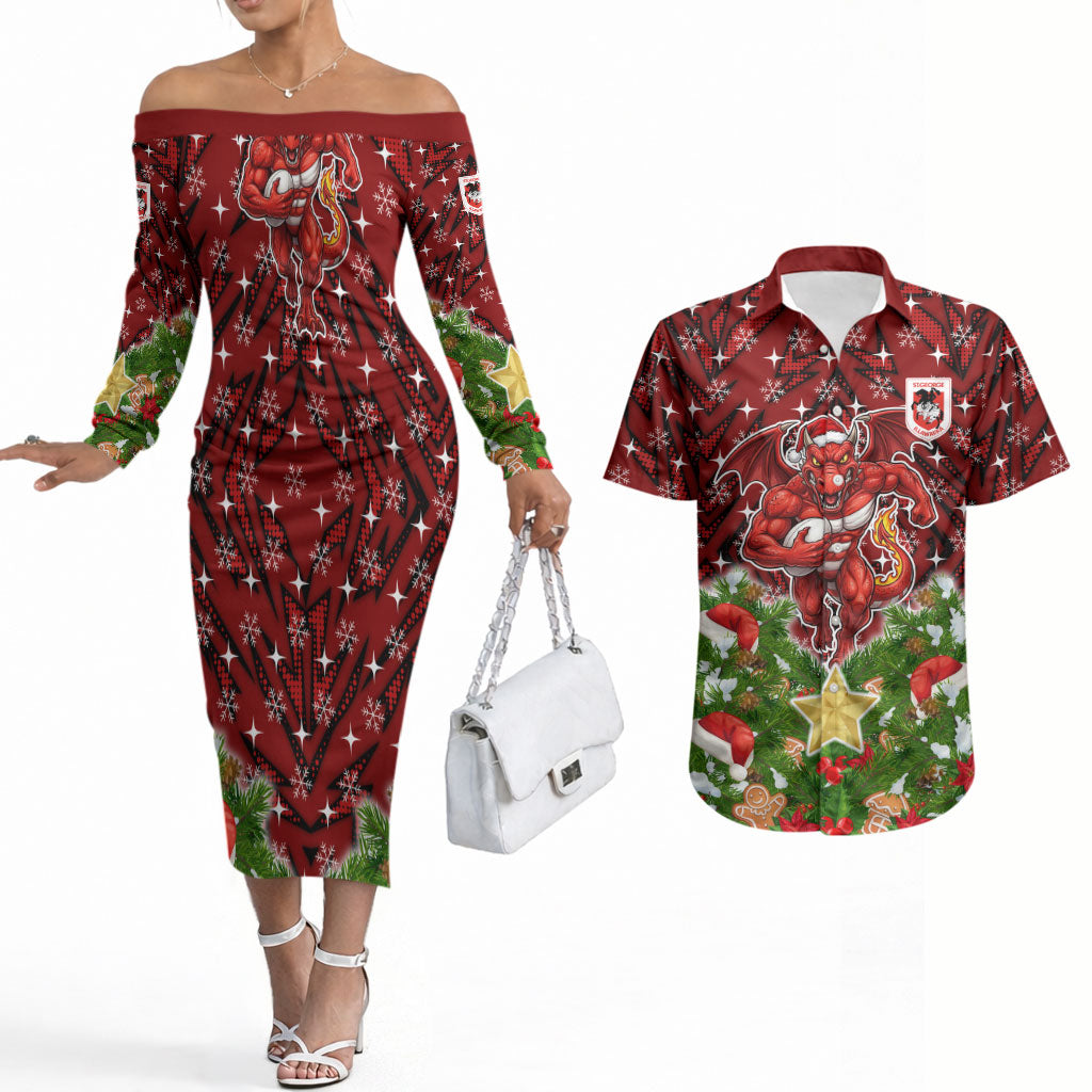 Personalised Dragons Rugby Christmas Couples Matching Off The Shoulder Long Sleeve Dress and Hawaiian Shirt Santa Rugby Mascot - Pine Wreath Festive