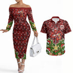 Personalised Dragons Rugby Christmas Couples Matching Off The Shoulder Long Sleeve Dress and Hawaiian Shirt Santa Rugby Mascot - Pine Wreath Festive