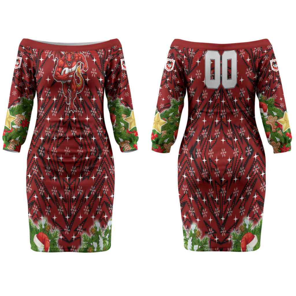 Personalised Dragons Rugby Christmas Couples Matching Off The Shoulder Long Sleeve Dress and Hawaiian Shirt Santa Rugby Mascot - Pine Wreath Festive