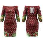 Personalised Dragons Rugby Christmas Couples Matching Off The Shoulder Long Sleeve Dress and Hawaiian Shirt Santa Rugby Mascot - Pine Wreath Festive