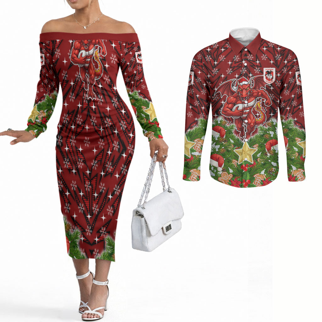 Personalised Dragons Rugby Christmas Couples Matching Off The Shoulder Long Sleeve Dress and Long Sleeve Button Shirt Santa Rugby Mascot - Pine Wreath Festive