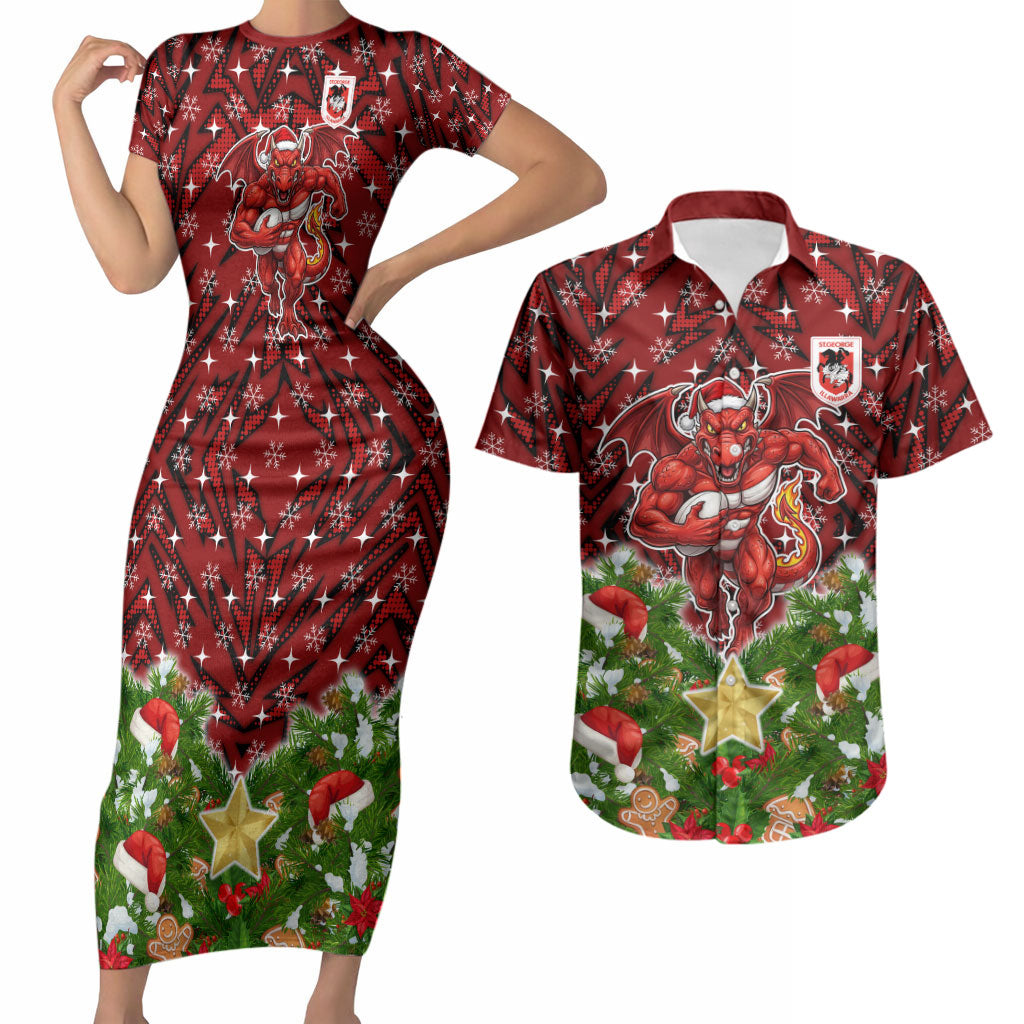 Personalised Dragons Rugby Christmas Couples Matching Short Sleeve Bodycon Dress and Hawaiian Shirt Santa Rugby Mascot - Pine Wreath Festive