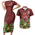 Personalised Dragons Rugby Christmas Couples Matching Short Sleeve Bodycon Dress and Hawaiian Shirt Santa Rugby Mascot - Pine Wreath Festive
