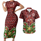 Personalised Dragons Rugby Christmas Couples Matching Short Sleeve Bodycon Dress and Hawaiian Shirt Santa Rugby Mascot - Pine Wreath Festive