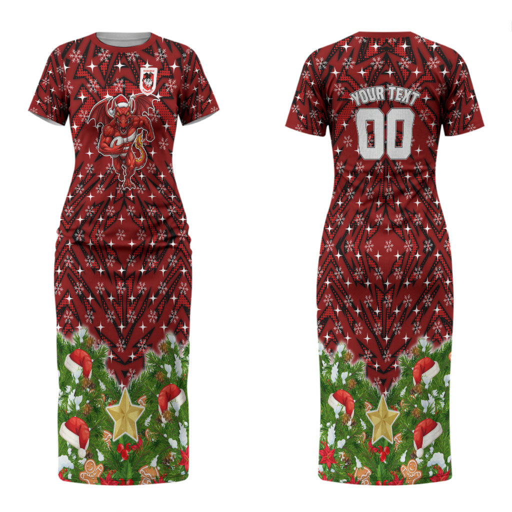 Personalised Dragons Rugby Christmas Couples Matching Short Sleeve Bodycon Dress and Hawaiian Shirt Santa Rugby Mascot - Pine Wreath Festive