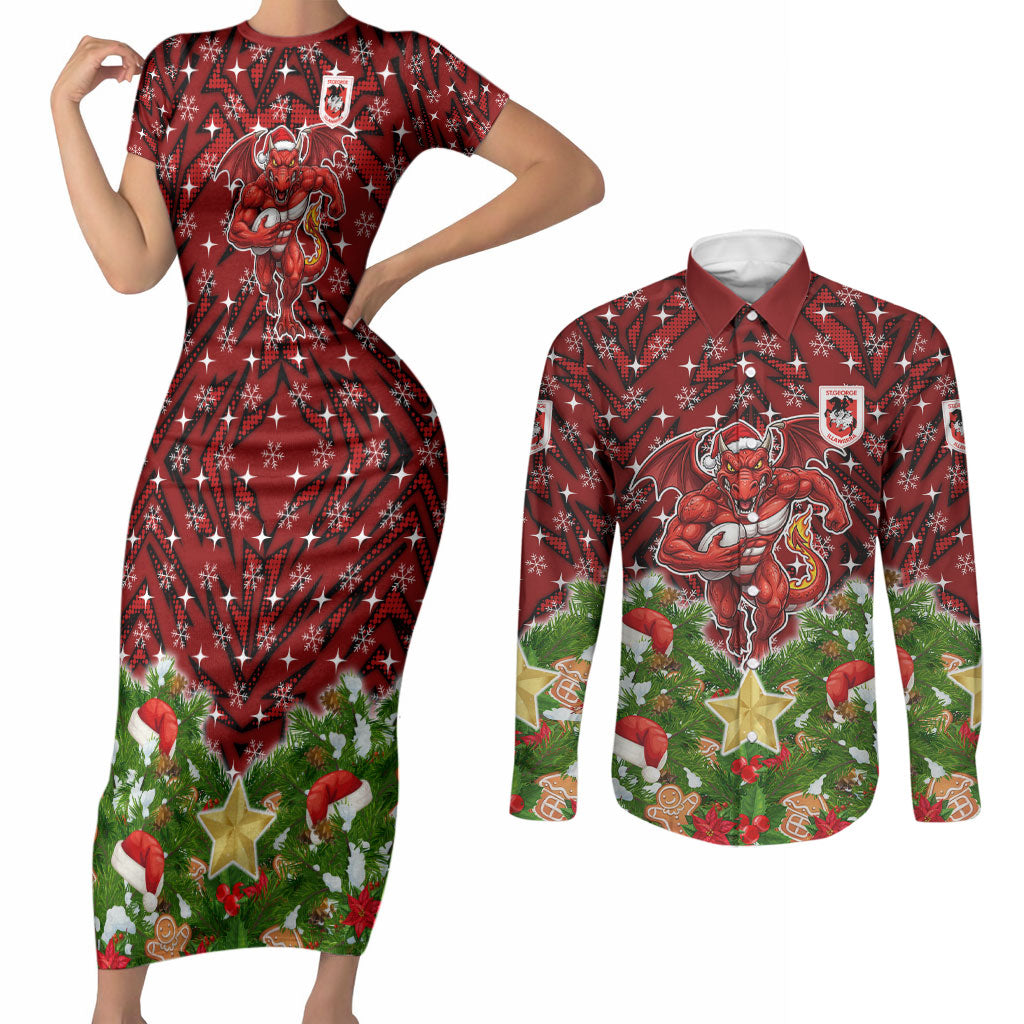 Personalised Dragons Rugby Christmas Couples Matching Short Sleeve Bodycon Dress and Long Sleeve Button Shirt Santa Rugby Mascot - Pine Wreath Festive