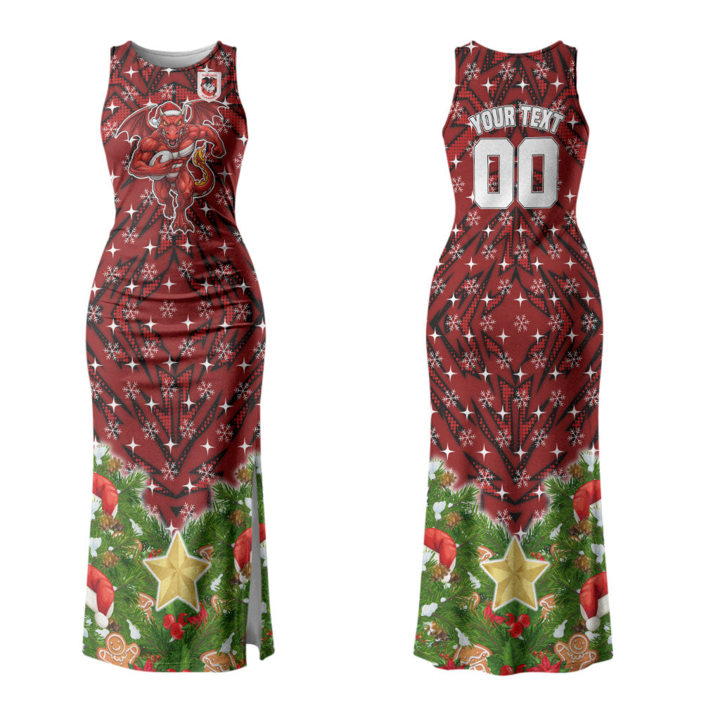 Personalised Dragons Rugby Christmas Couples Matching Tank Maxi Dress and Long Sleeve Button Shirt Santa Rugby Mascot - Pine Wreath Festive