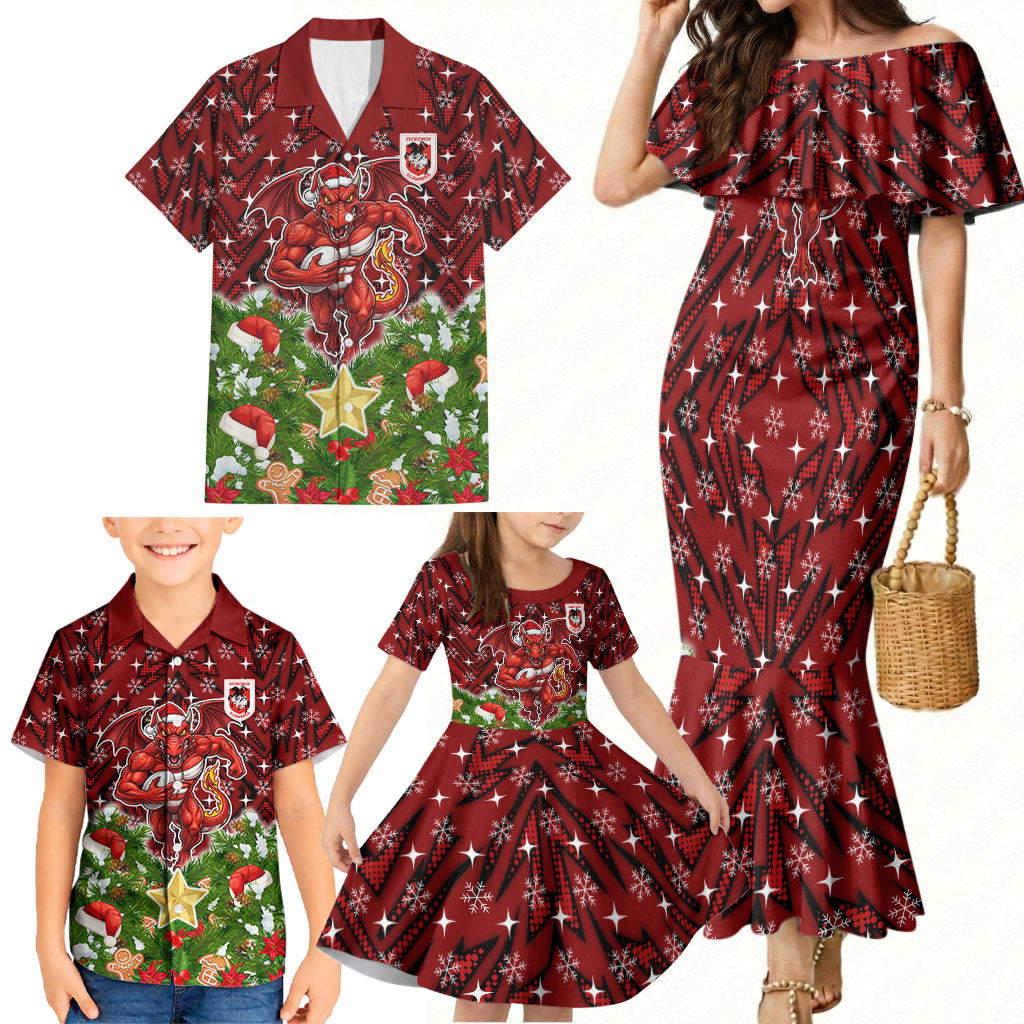 Personalised Dragons Rugby Christmas Family Matching Mermaid Dress and Hawaiian Shirt Santa Rugby Mascot - Pine Wreath Festive