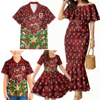 Personalised Dragons Rugby Christmas Family Matching Mermaid Dress and Hawaiian Shirt Santa Rugby Mascot - Pine Wreath Festive