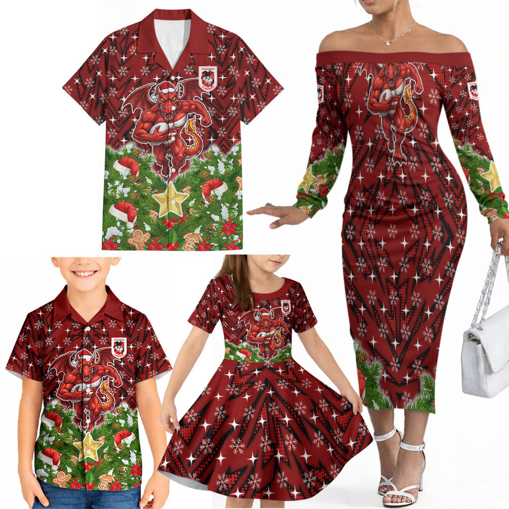 Personalised Dragons Rugby Christmas Family Matching Off The Shoulder Long Sleeve Dress and Hawaiian Shirt Santa Rugby Mascot - Pine Wreath Festive