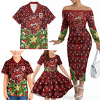 Personalised Dragons Rugby Christmas Family Matching Off The Shoulder Long Sleeve Dress and Hawaiian Shirt Santa Rugby Mascot - Pine Wreath Festive