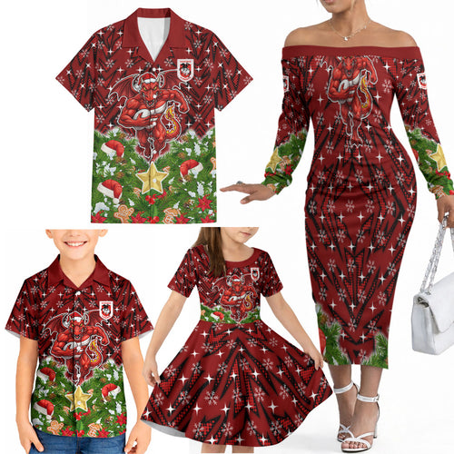 Personalised Dragons Rugby Christmas Family Matching Off The Shoulder Long Sleeve Dress and Hawaiian Shirt Santa Rugby Mascot - Pine Wreath Festive