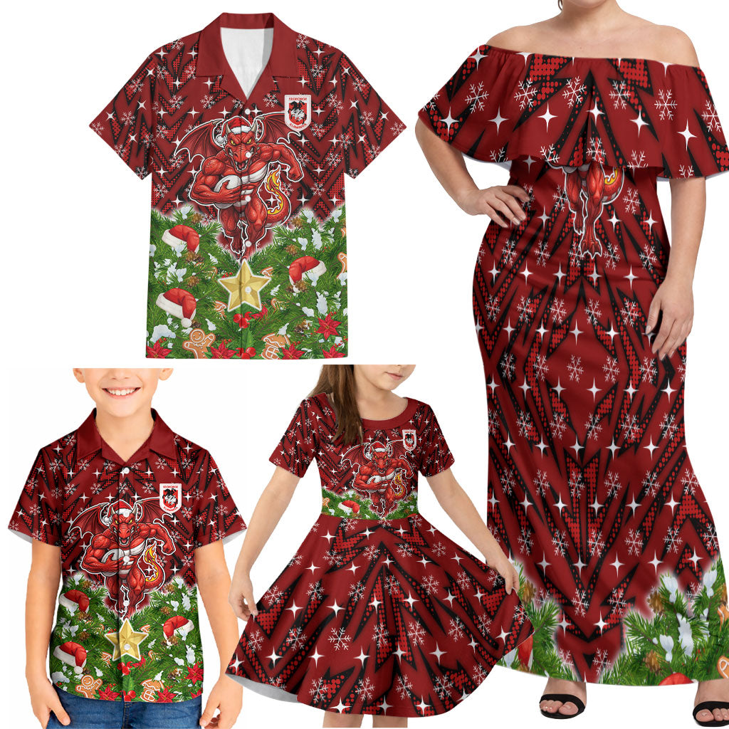 Personalised Dragons Rugby Christmas Family Matching Off Shoulder Maxi Dress and Hawaiian Shirt Santa Rugby Mascot - Pine Wreath Festive