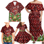 Personalised Dragons Rugby Christmas Family Matching Off Shoulder Maxi Dress and Hawaiian Shirt Santa Rugby Mascot - Pine Wreath Festive