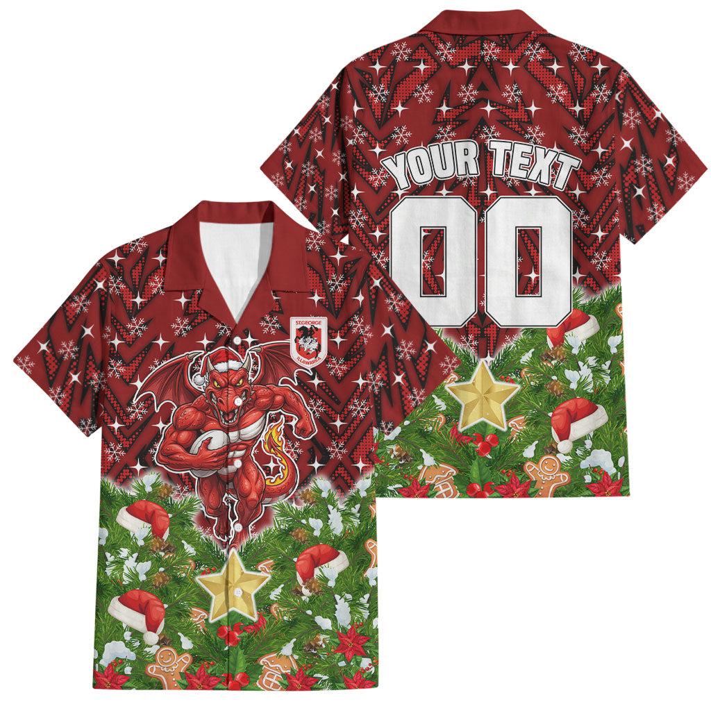 Personalised Dragons Rugby Christmas Family Matching Off Shoulder Maxi Dress and Hawaiian Shirt Santa Rugby Mascot - Pine Wreath Festive