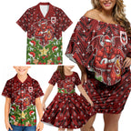 Personalised Dragons Rugby Christmas Family Matching Off Shoulder Short Dress and Hawaiian Shirt Santa Rugby Mascot - Pine Wreath Festive