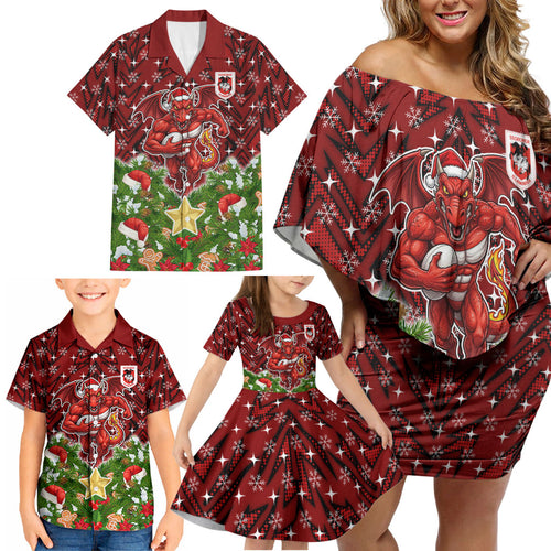 Personalised Dragons Rugby Christmas Family Matching Off Shoulder Short Dress and Hawaiian Shirt Santa Rugby Mascot - Pine Wreath Festive