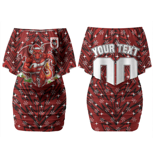 Personalised Dragons Rugby Christmas Family Matching Off Shoulder Short Dress and Hawaiian Shirt Santa Rugby Mascot - Pine Wreath Festive