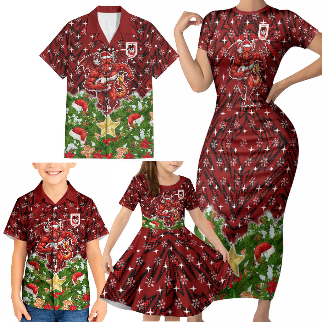 Personalised Dragons Rugby Christmas Family Matching Short Sleeve Bodycon Dress and Hawaiian Shirt Santa Rugby Mascot - Pine Wreath Festive