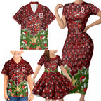 Personalised Dragons Rugby Christmas Family Matching Short Sleeve Bodycon Dress and Hawaiian Shirt Santa Rugby Mascot - Pine Wreath Festive