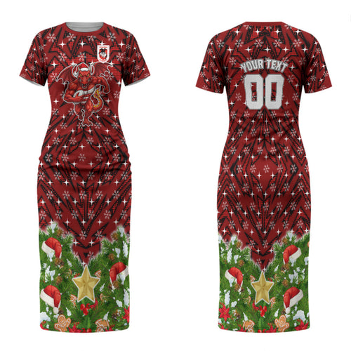 Personalised Dragons Rugby Christmas Family Matching Short Sleeve Bodycon Dress and Hawaiian Shirt Santa Rugby Mascot - Pine Wreath Festive
