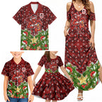 Personalised Dragons Rugby Christmas Family Matching Summer Maxi Dress and Hawaiian Shirt Santa Rugby Mascot - Pine Wreath Festive