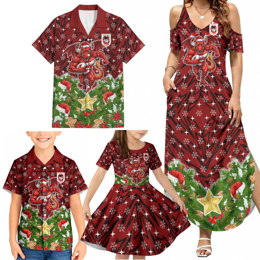 Personalised Dragons Rugby Christmas Family Matching Summer Maxi Dress and Hawaiian Shirt Santa Rugby Mascot - Pine Wreath Festive