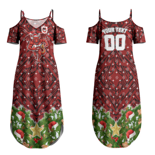 Personalised Dragons Rugby Christmas Family Matching Summer Maxi Dress and Hawaiian Shirt Santa Rugby Mascot - Pine Wreath Festive