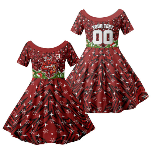 Personalised Dragons Rugby Christmas Family Matching Summer Maxi Dress and Hawaiian Shirt Santa Rugby Mascot - Pine Wreath Festive