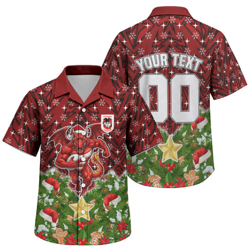 Personalised Dragons Rugby Christmas Family Matching Summer Maxi Dress and Hawaiian Shirt Santa Rugby Mascot - Pine Wreath Festive
