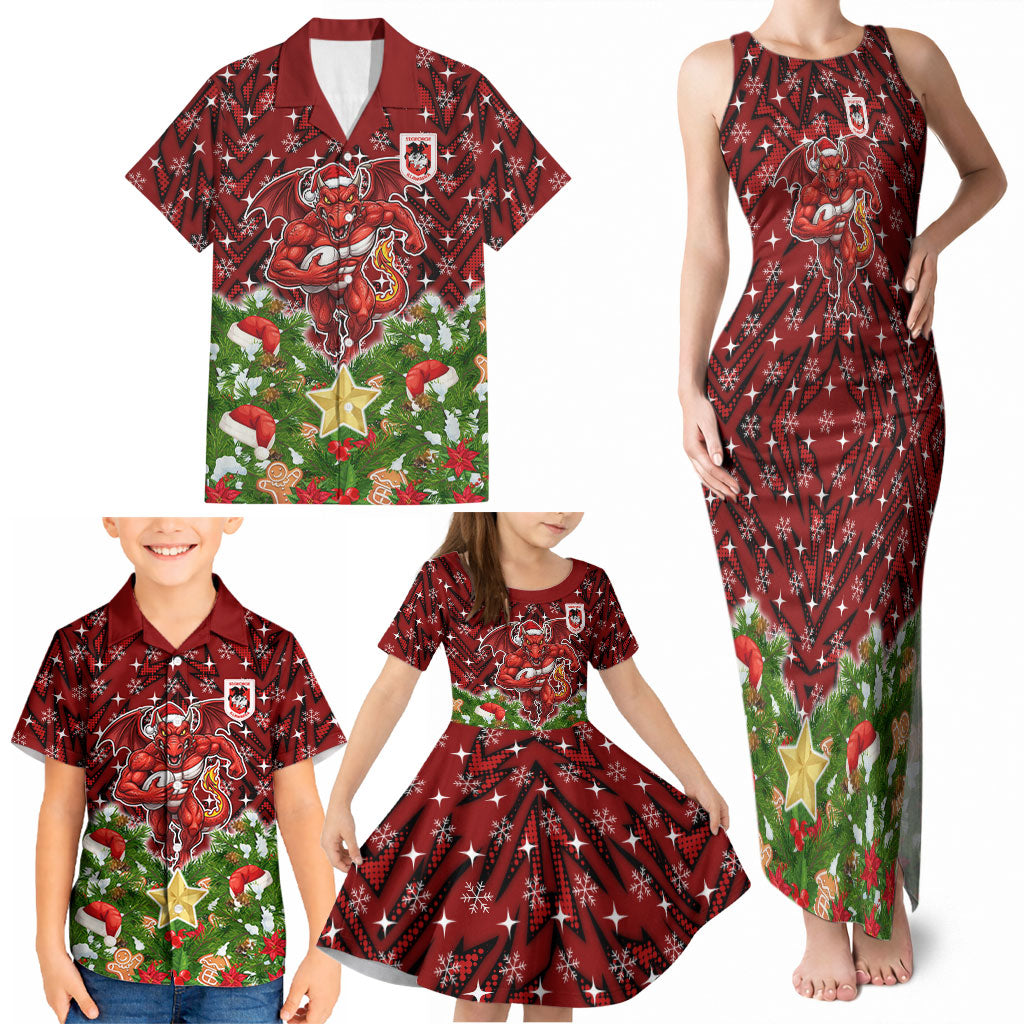 Personalised Dragons Rugby Christmas Family Matching Tank Maxi Dress and Hawaiian Shirt Santa Rugby Mascot - Pine Wreath Festive