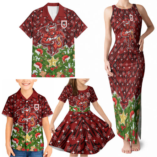 Personalised Dragons Rugby Christmas Family Matching Tank Maxi Dress and Hawaiian Shirt Santa Rugby Mascot - Pine Wreath Festive