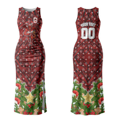 Personalised Dragons Rugby Christmas Family Matching Tank Maxi Dress and Hawaiian Shirt Santa Rugby Mascot - Pine Wreath Festive